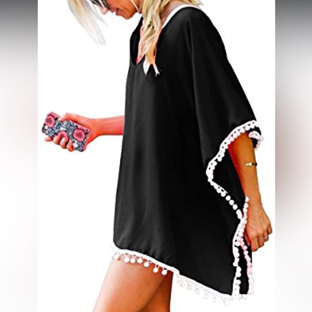 Black Swimsuit Cover-Up with White Pom-Pom Trim, Dolman Sleeves, One Size